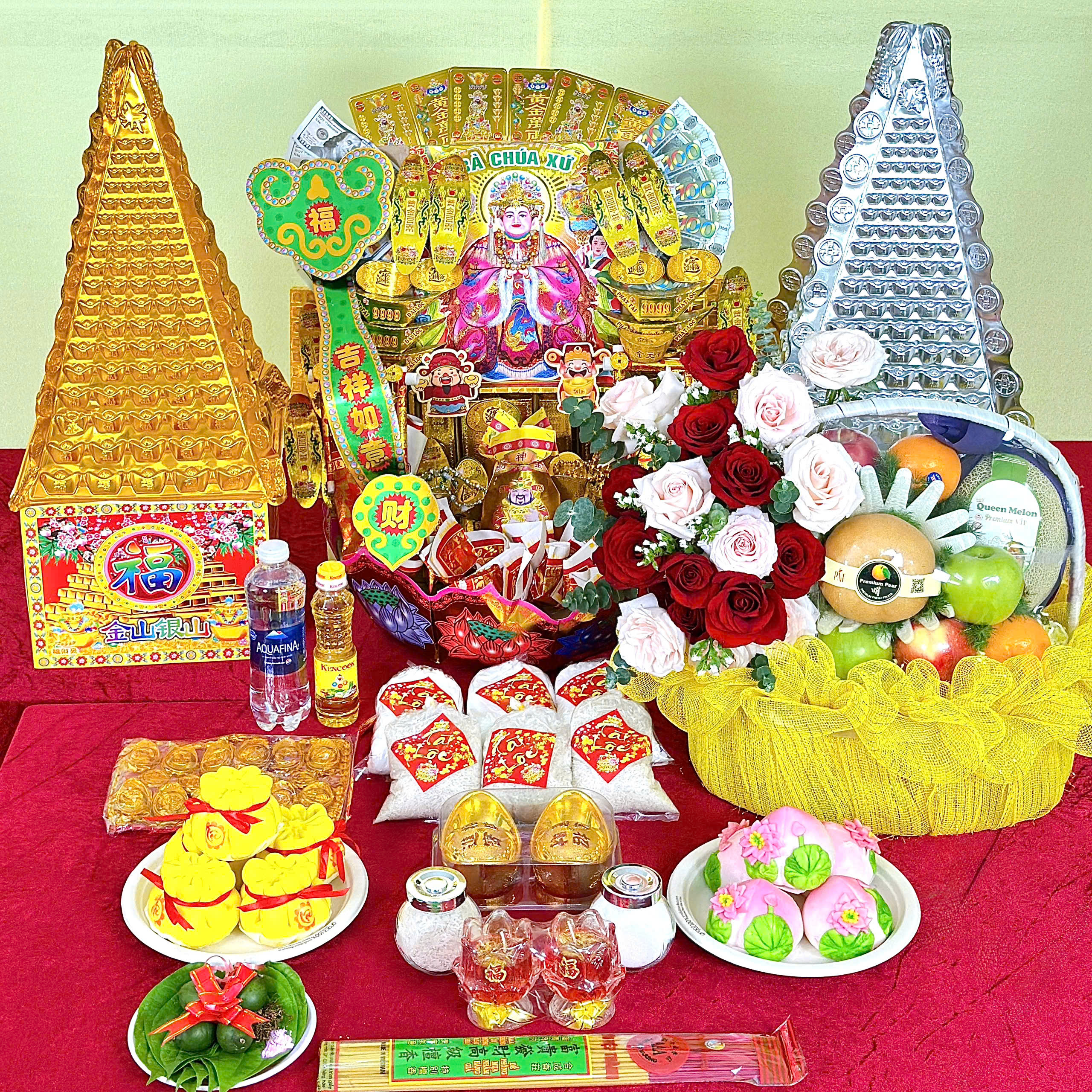 Bộ lễ trái cây hoa hồng bánh túi tiền trái đào